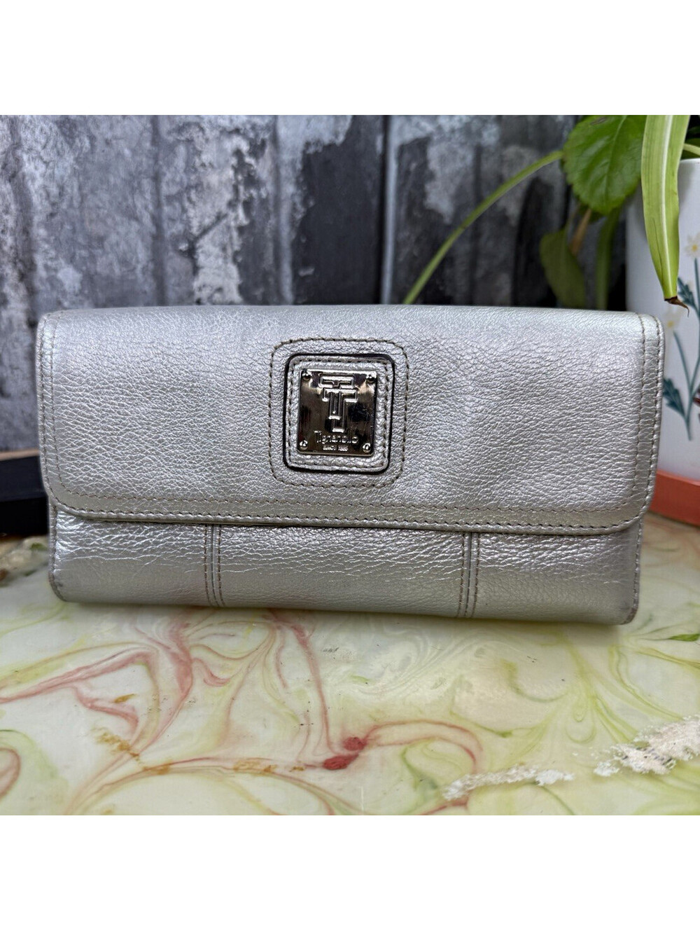 Tignanello Silver Flap Wallet w/ Logo Plate, Folding Credit Card Slots